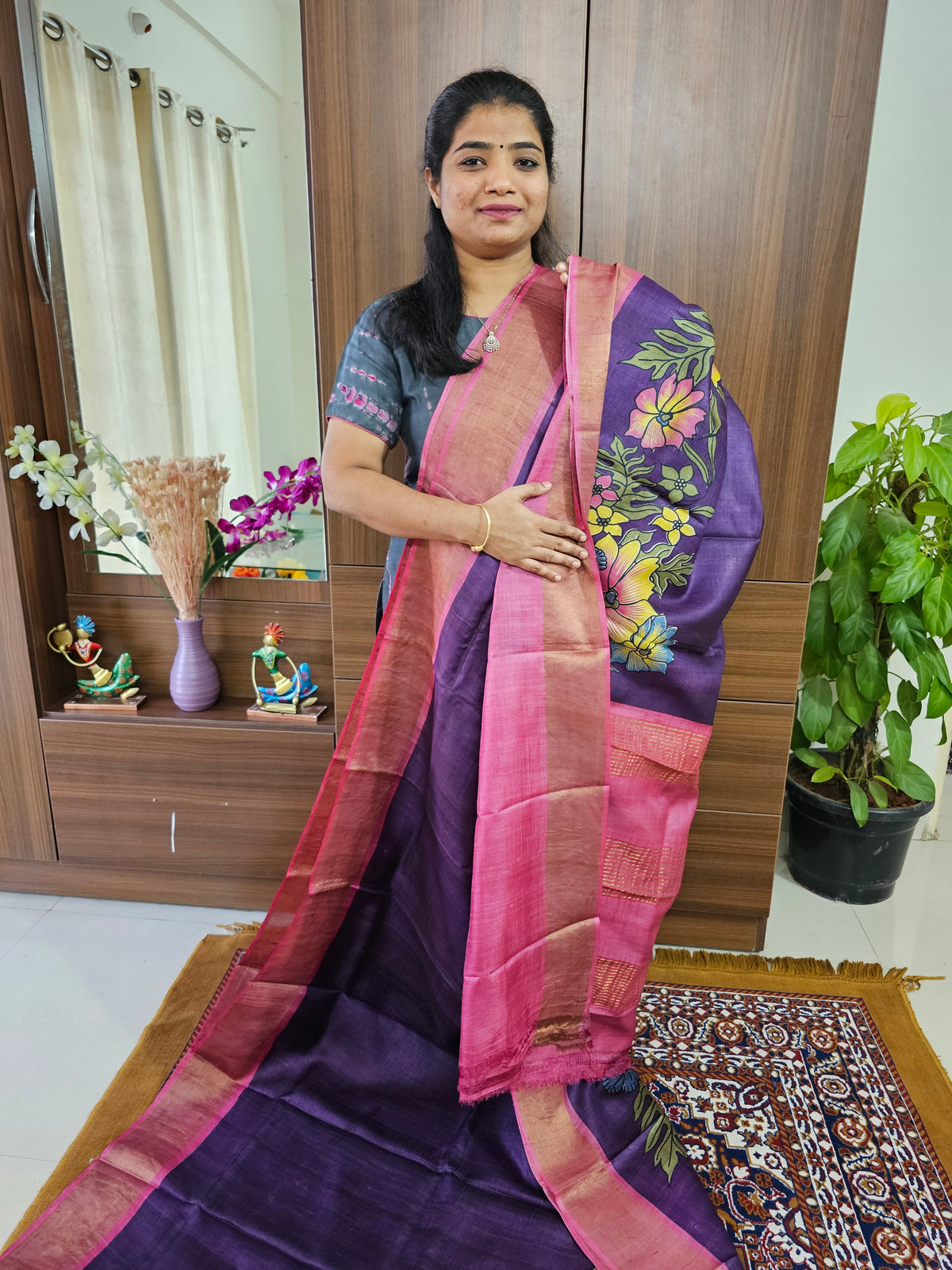 Purple with Pink Handwoven Tussar Silk Saree with Zari Border