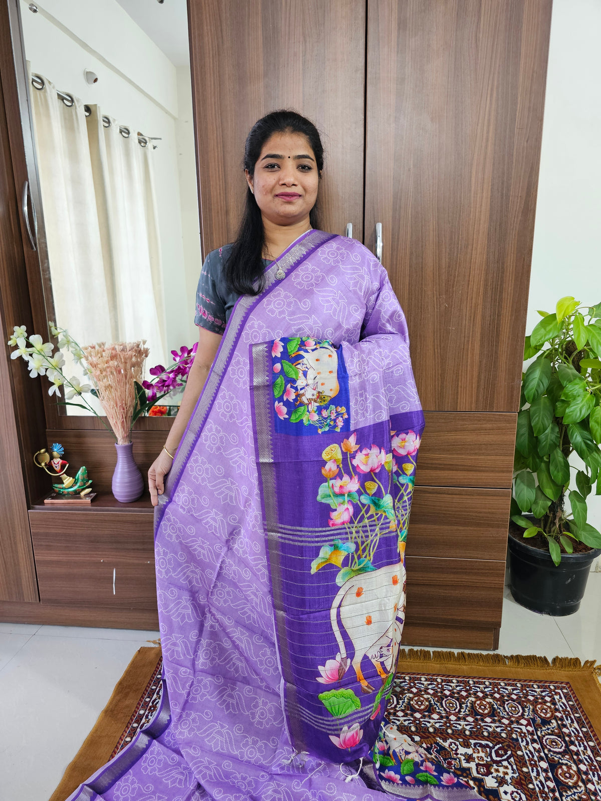 Pure Handloom Mangalagiri Silk Cotton with Digital Prints - Lavender with Purple