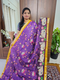 Pure Handloom Mangalagiri Silk Cotton with Digital Prints - Purple with Yellow