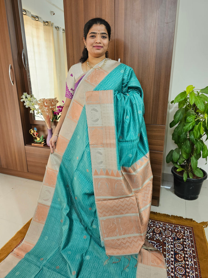 Semi Maandu Tussar Zari Weaving Butti with Contrast Pallu -  Sea Green with Grey