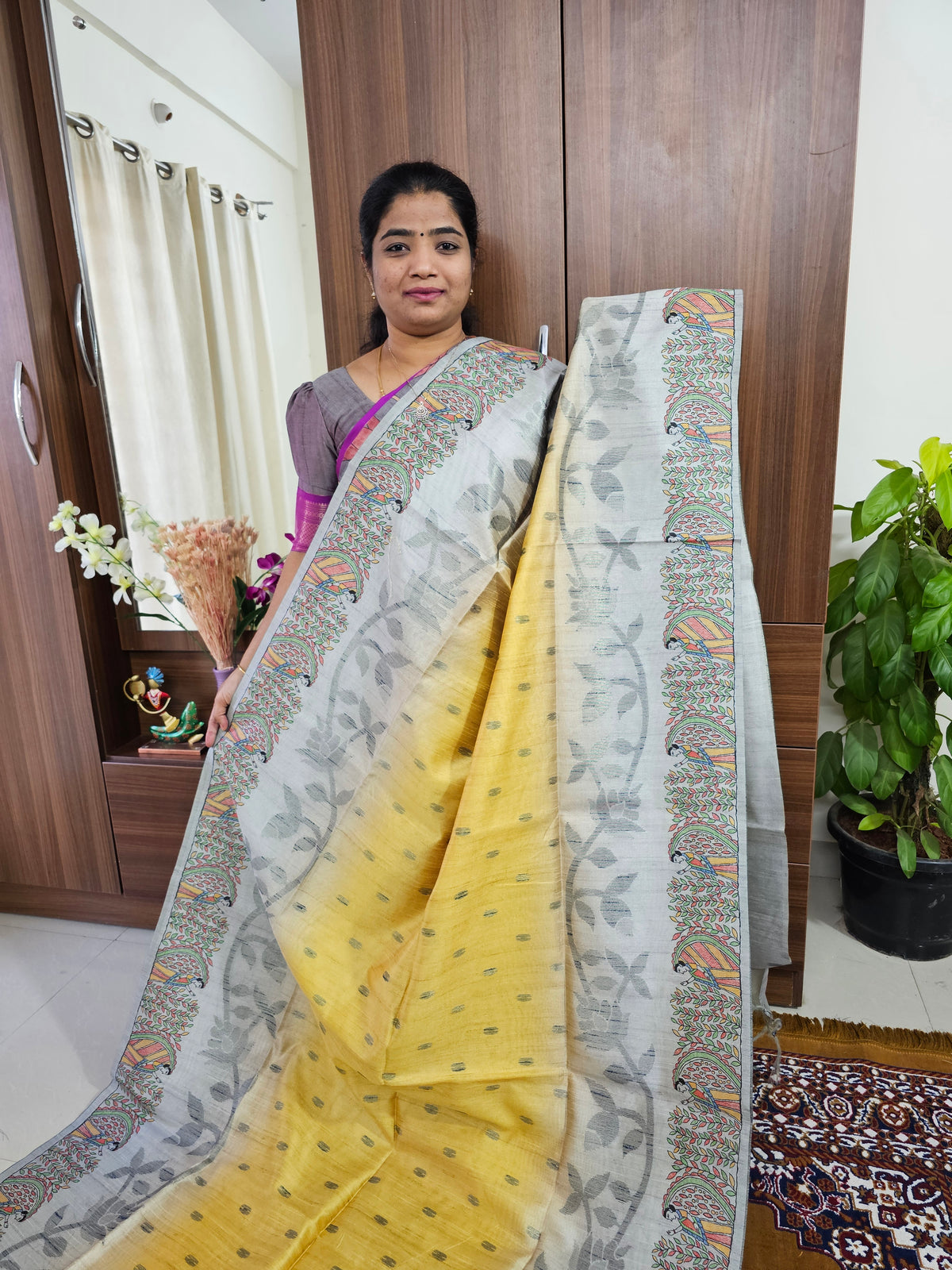 Semi Matka Tussar Digital Prints with Weaving Floral Border - Yellow with Grey