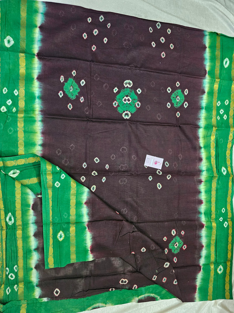 Madurai Sungadi Soft Cotton Saree with Borders - Dark Brown with Green