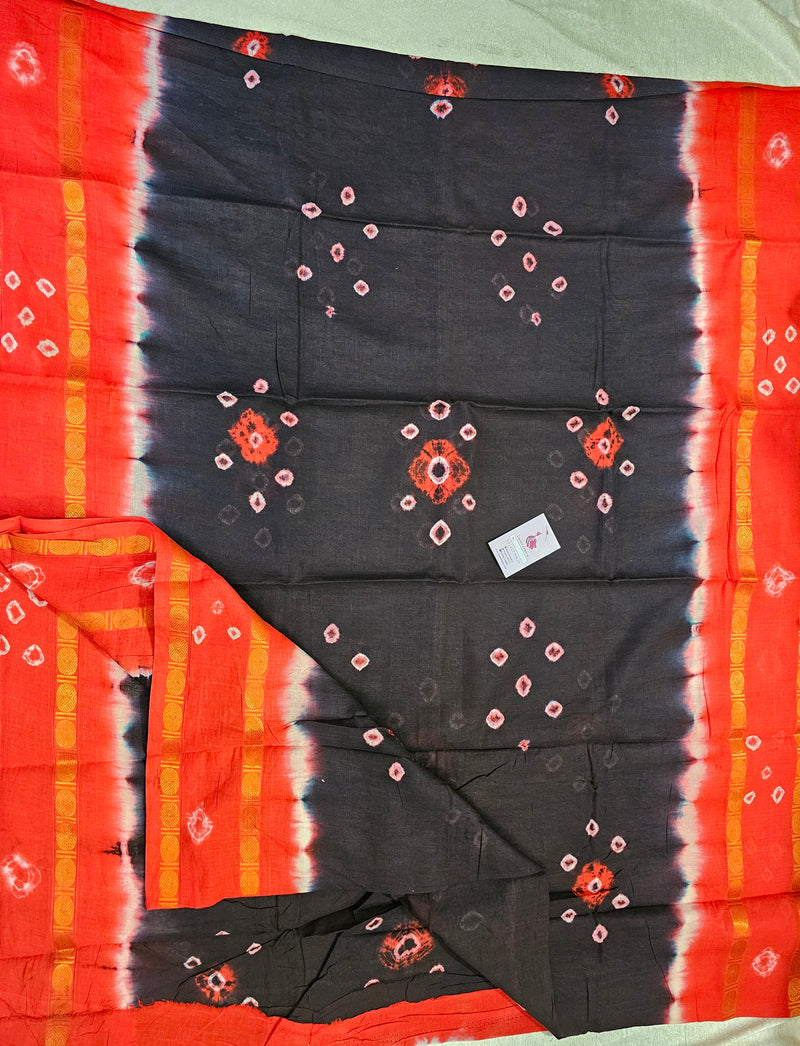 Madurai Sungadi Soft Cotton Saree with Borders - Dark Brown with Orange