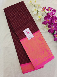 Madurai Sungadi Cotton Small Checks with Big Border Saree - Maroon with Pink