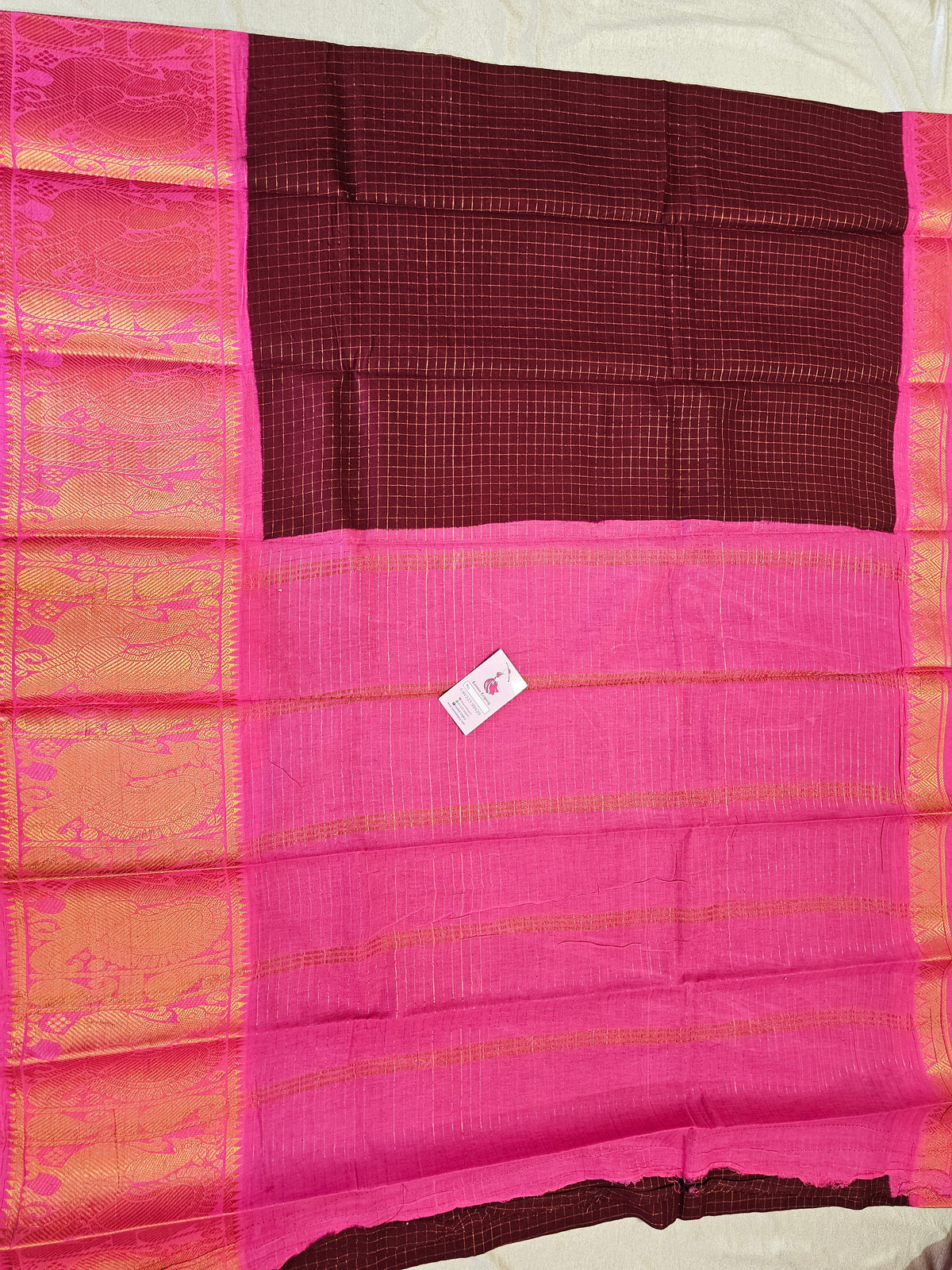 Madurai Sungadi Cotton Small Checks with Big Border Saree - Maroon with Pink