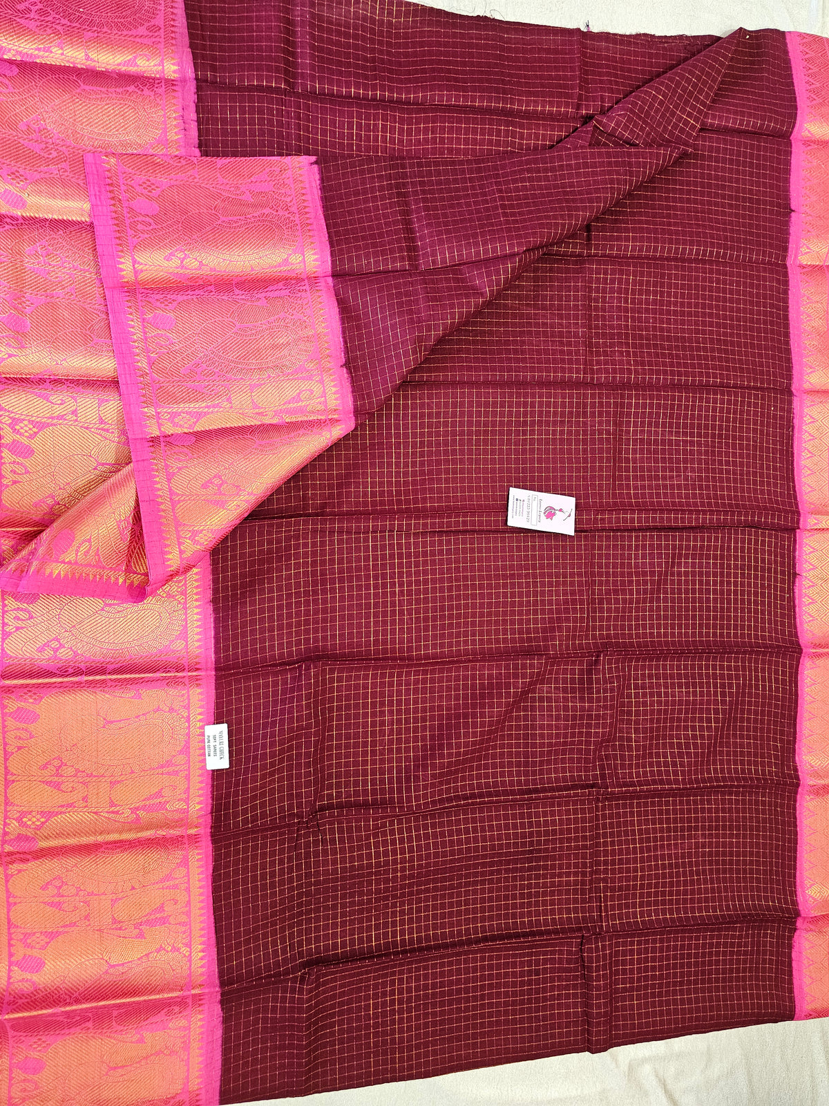 Madurai Sungadi Cotton Small Checks with Big Border Saree - Maroon with Pink