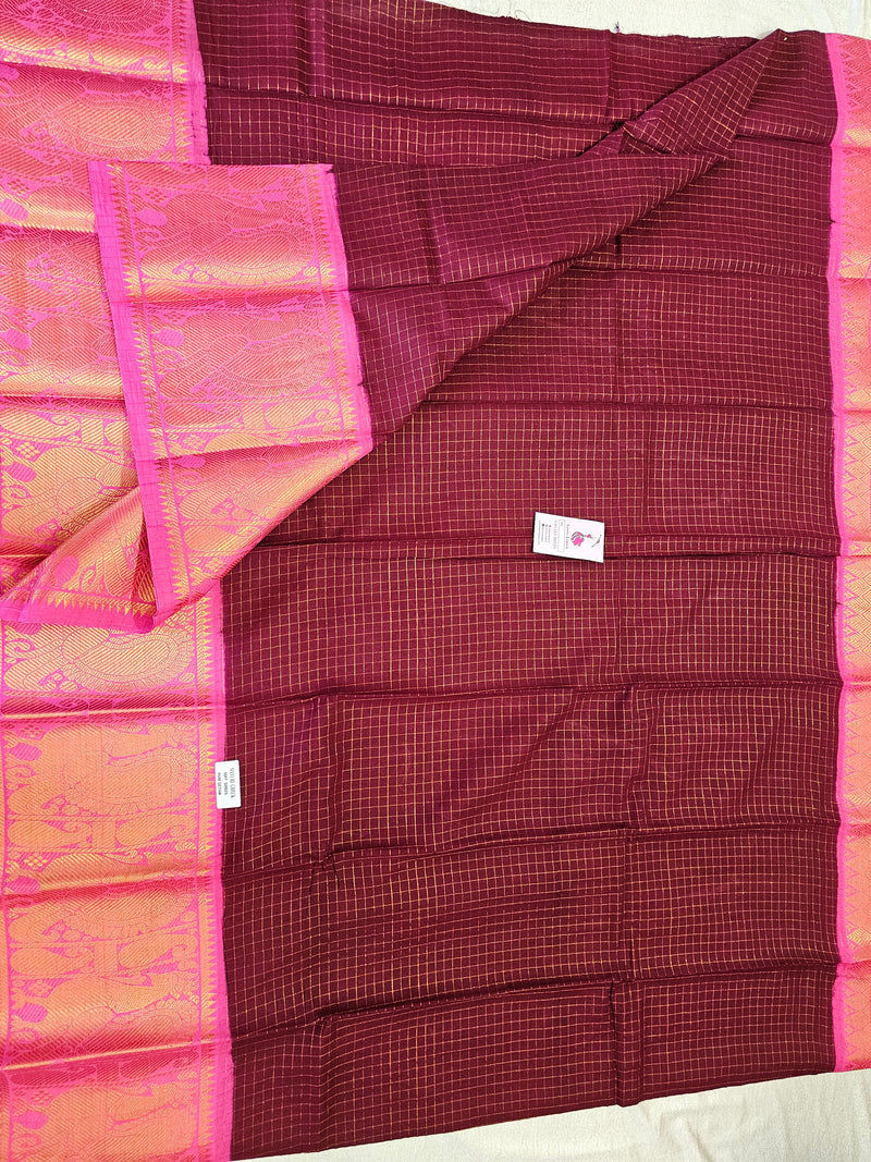 Madurai Sungadi Cotton Small Checks with Big Border Saree - Maroon with Pink