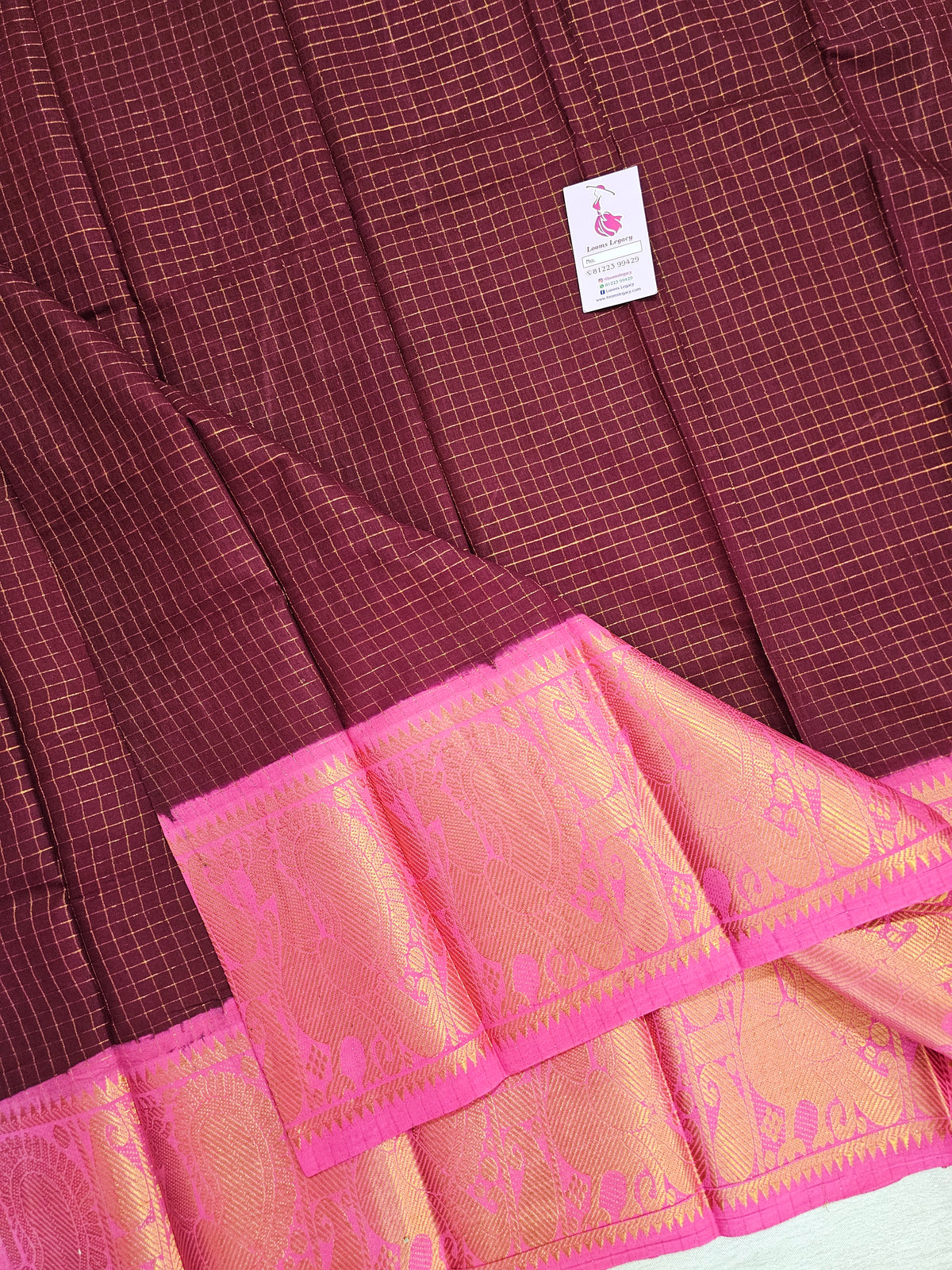 Madurai Sungadi Cotton Small Checks with Big Border Saree - Maroon with Pink