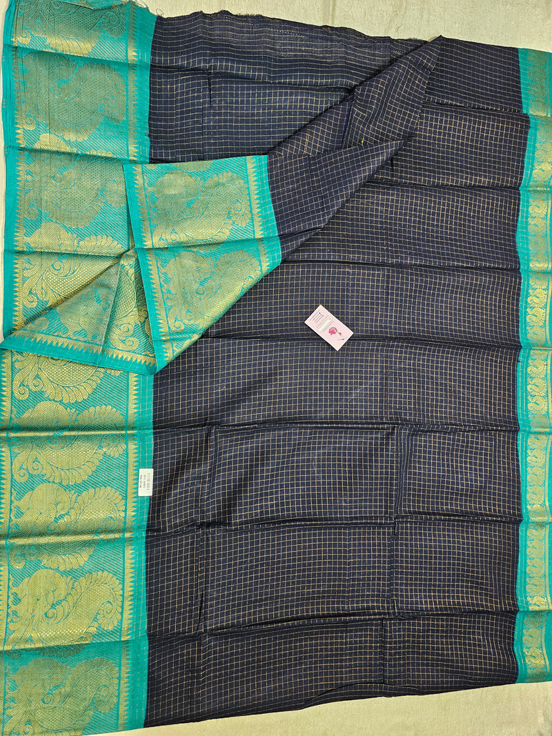 Madurai Sungadi Cotton Small Checks with Big Border Saree - Dark Blue with Sea Green