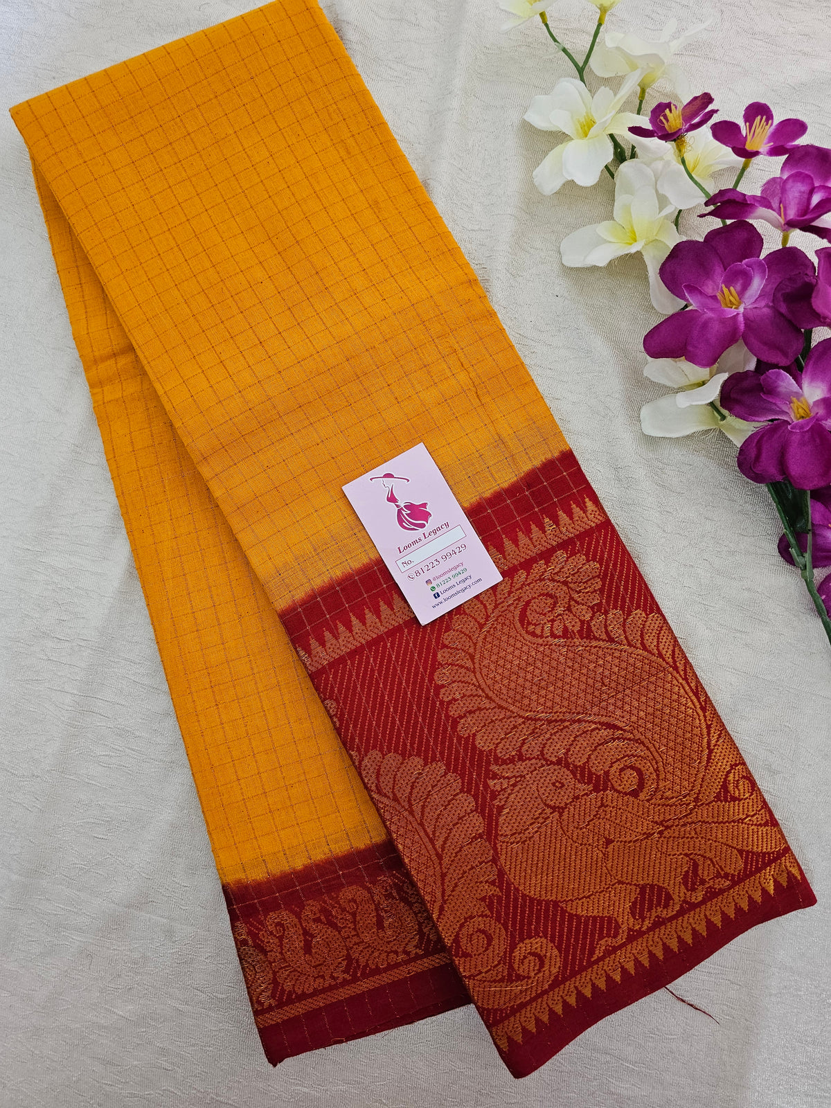 Madurai Sungadi Cotton Small Checks with Big Border Saree - Yellow with Red