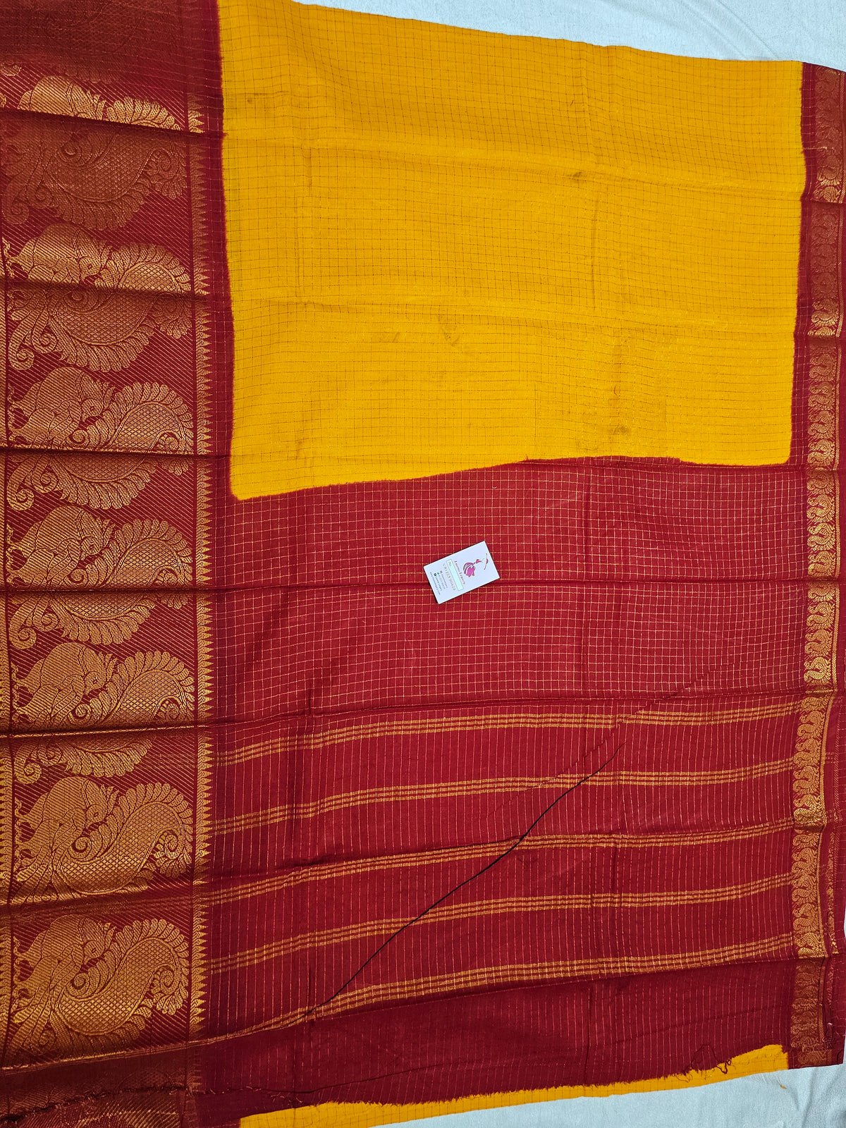 Madurai Sungadi Cotton Small Checks with Big Border Saree - Yellow with Red