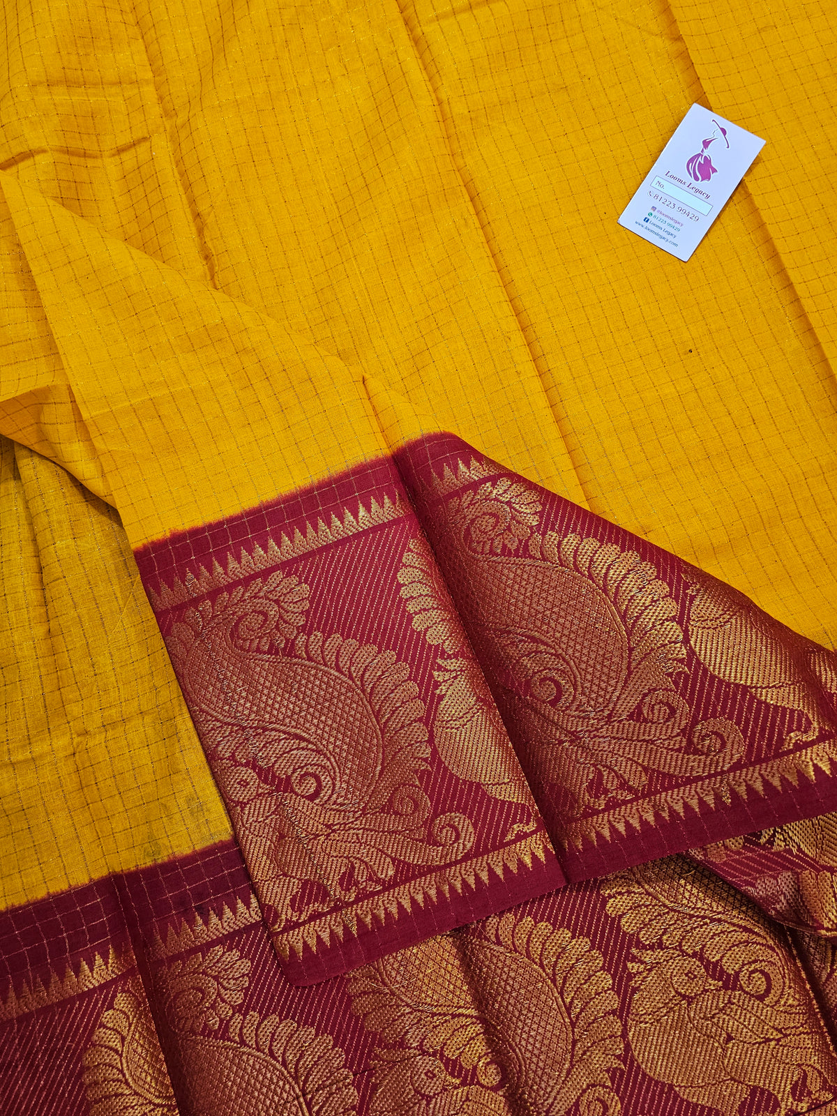 Madurai Sungadi Cotton Small Checks with Big Border Saree - Yellow with Red