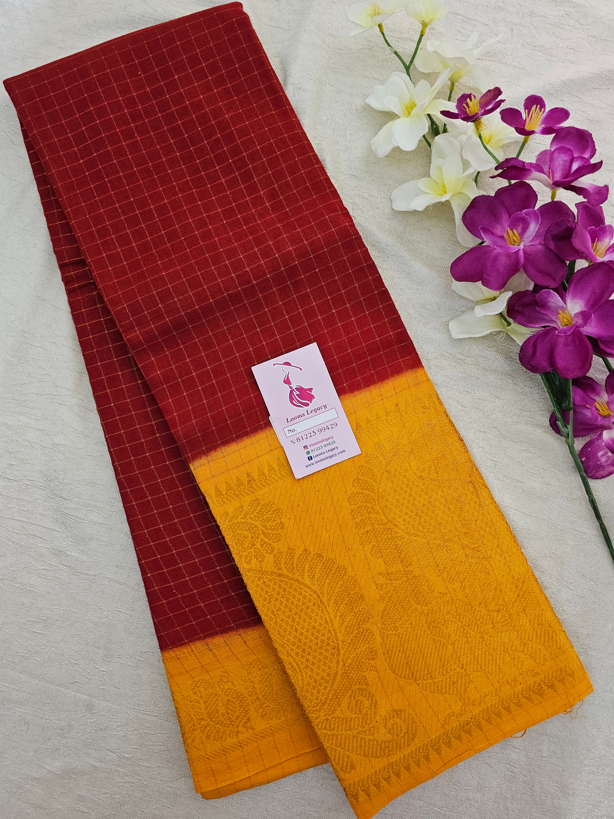 Madurai Sungadi Cotton Small Checks with Big Border Saree - Red with Yellow