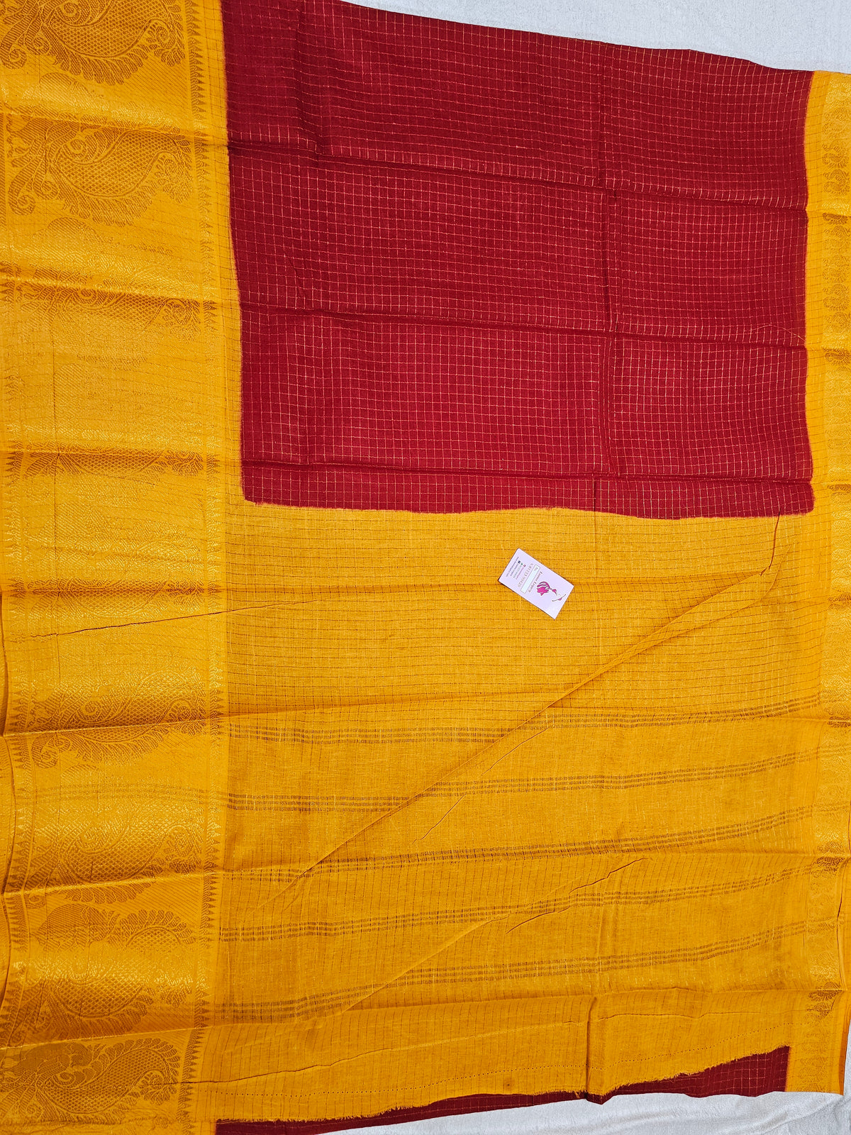 Madurai Sungadi Cotton Small Checks with Big Border Saree - Red with Yellow