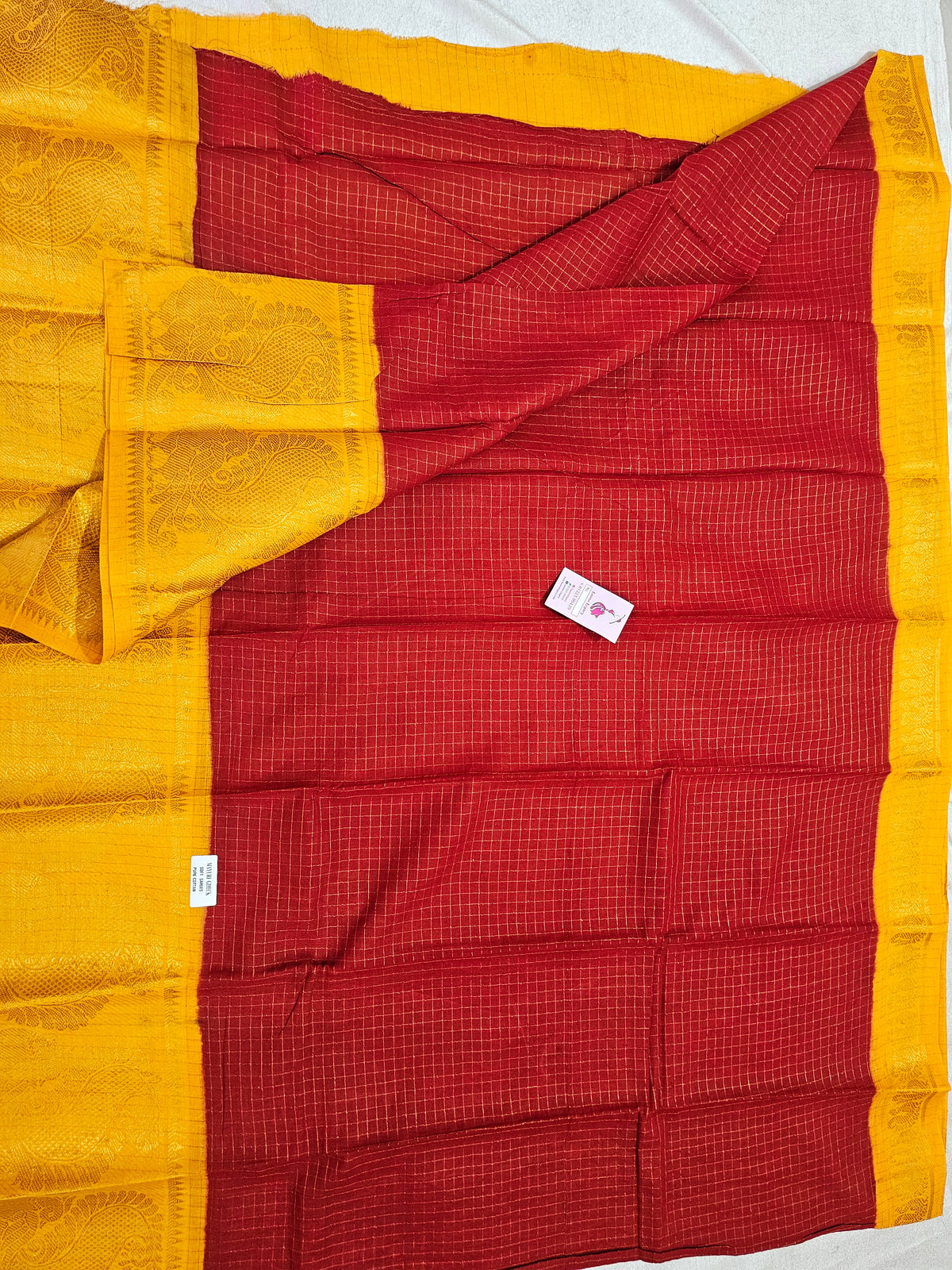 Madurai Sungadi Cotton Small Checks with Big Border Saree - Red with Yellow