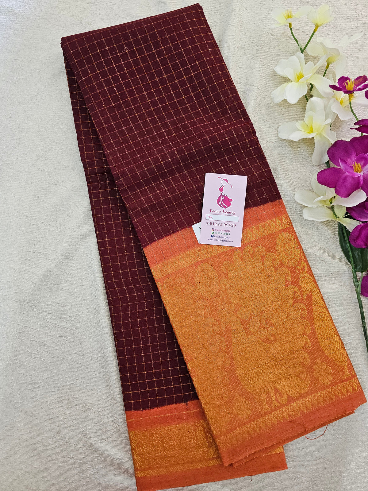 Madurai Sungadi Cotton Small Checks with Big Border Saree - Maroon with Rust Orange