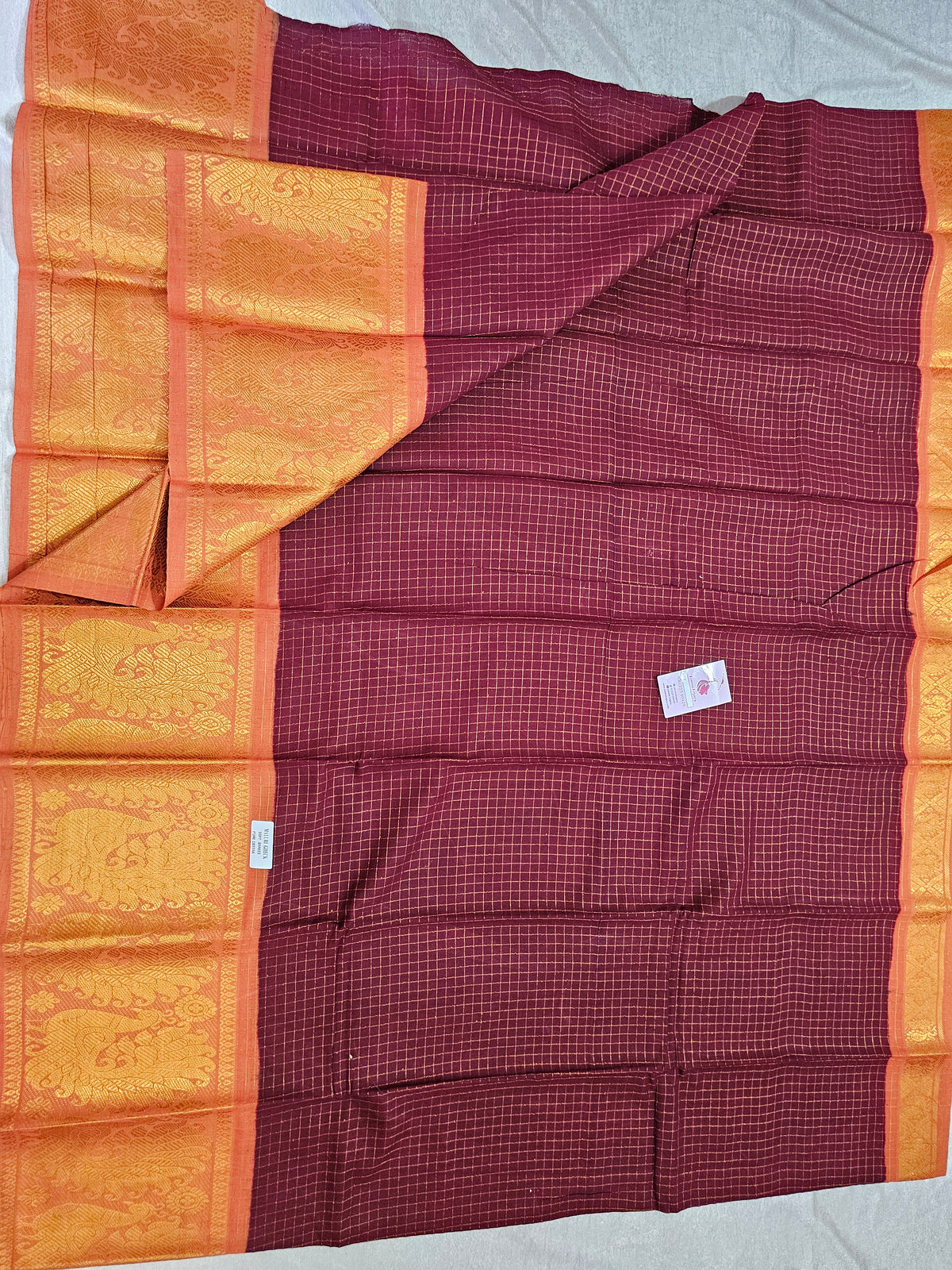 Madurai Sungadi Cotton Small Checks with Big Border Saree - Maroon with Rust Orange