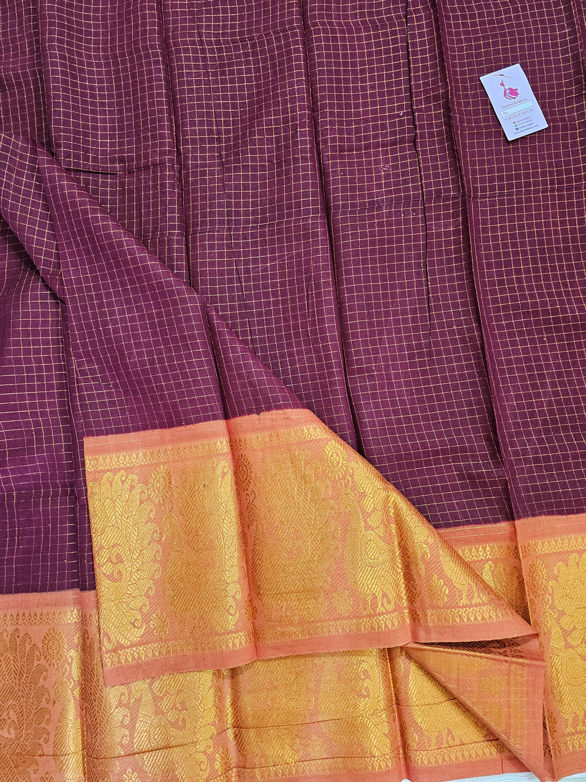 Madurai Sungadi Cotton Small Checks with Big Border Saree - Maroon with Rust Orange