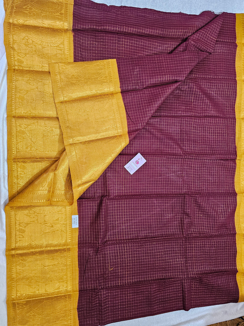 Madurai Sungadi Cotton Small Checks with Big Border Saree - Maroon with Mustard Yellow