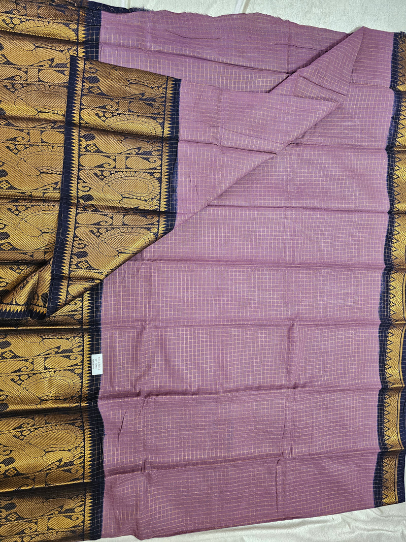 Madurai Sungadi Cotton Small Checks with Big Border Saree - Onion Pink with Dark Blue