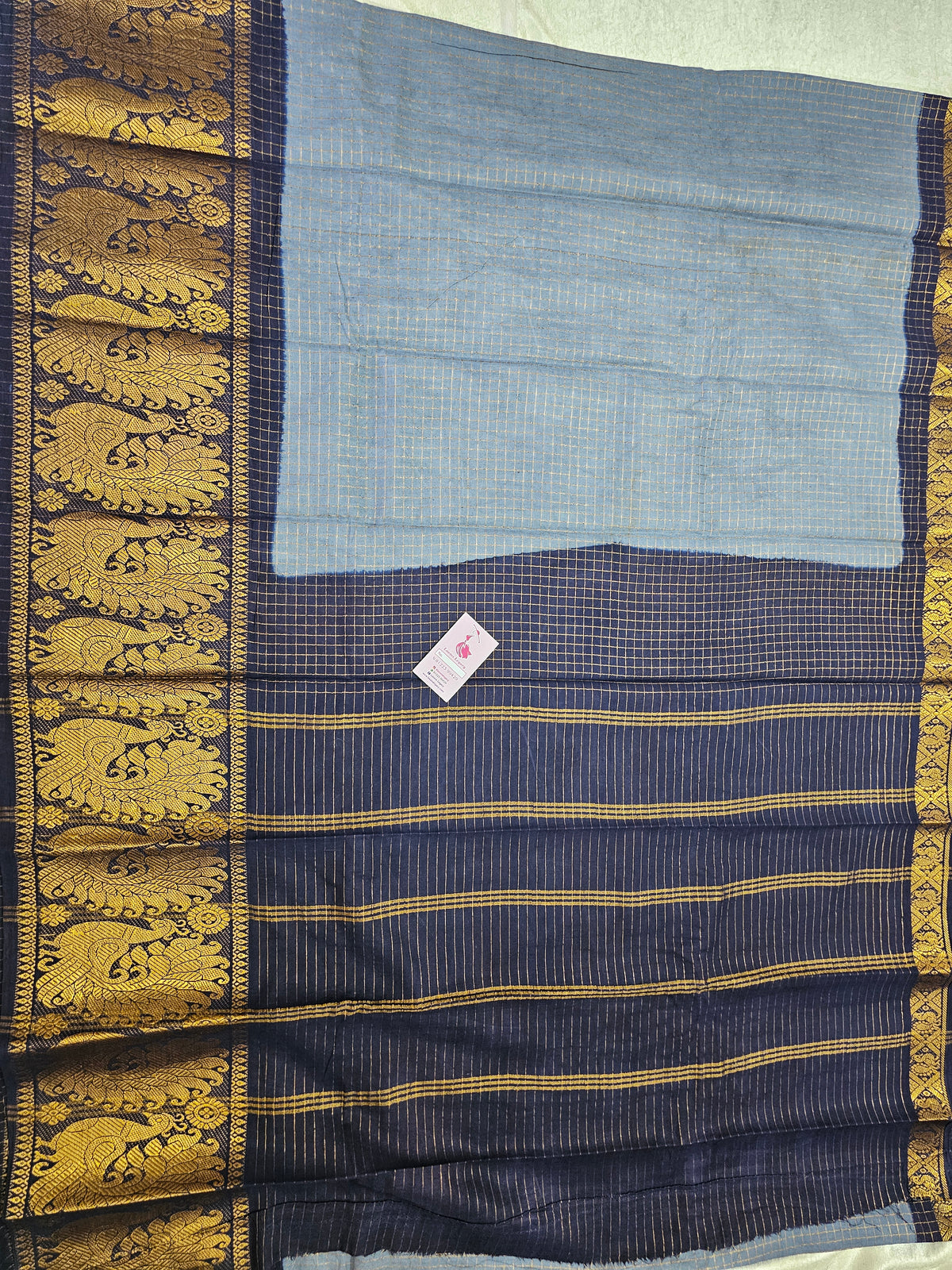 Madurai Sungadi Cotton Small Checks with Big Border Saree - Grey with Dark Blue