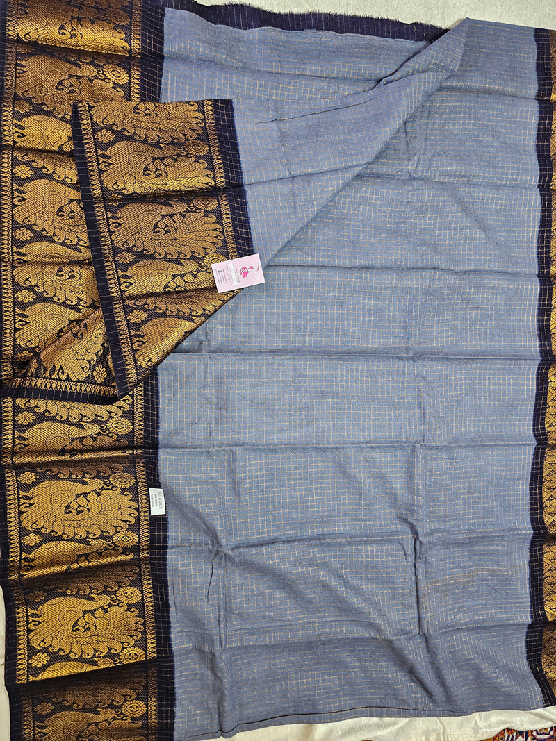 Madurai Sungadi Cotton Small Checks with Big Border Saree - Grey with Dark Blue