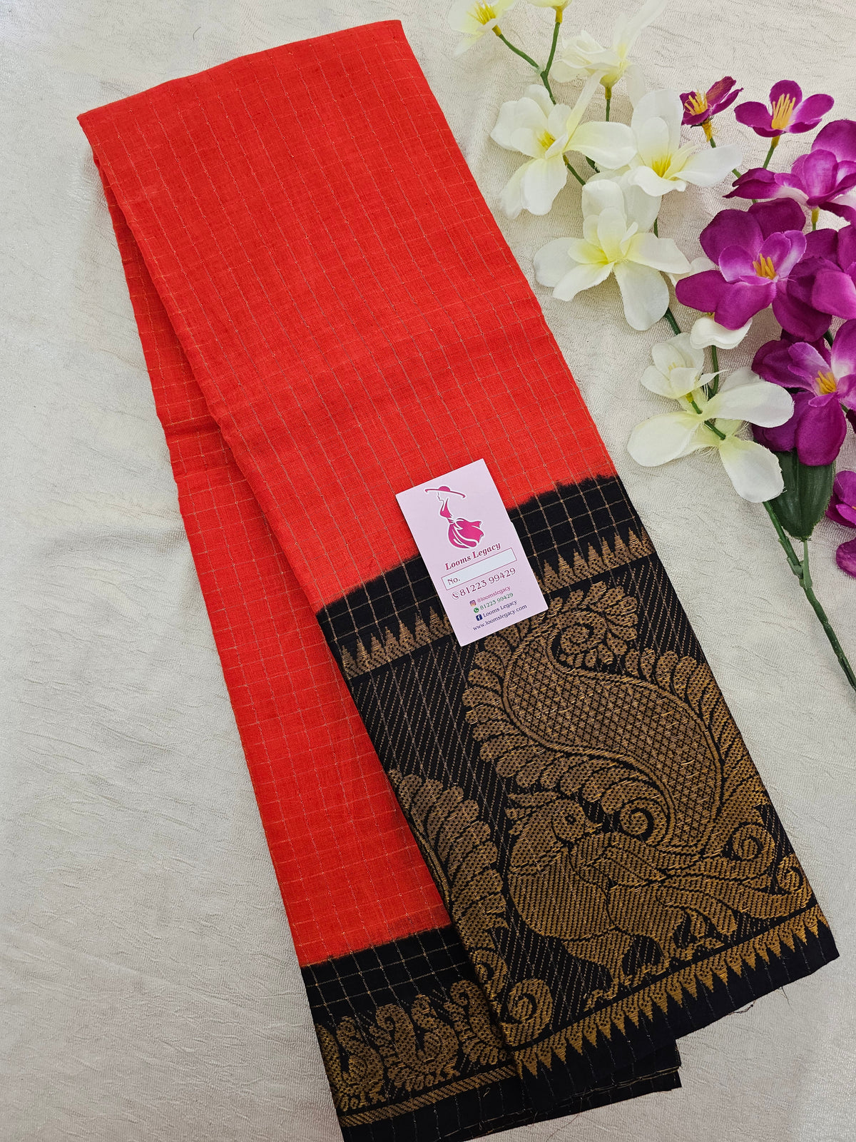 Madurai Sungadi Cotton Small Checks with Big Border Saree - Reddish Orange with Black