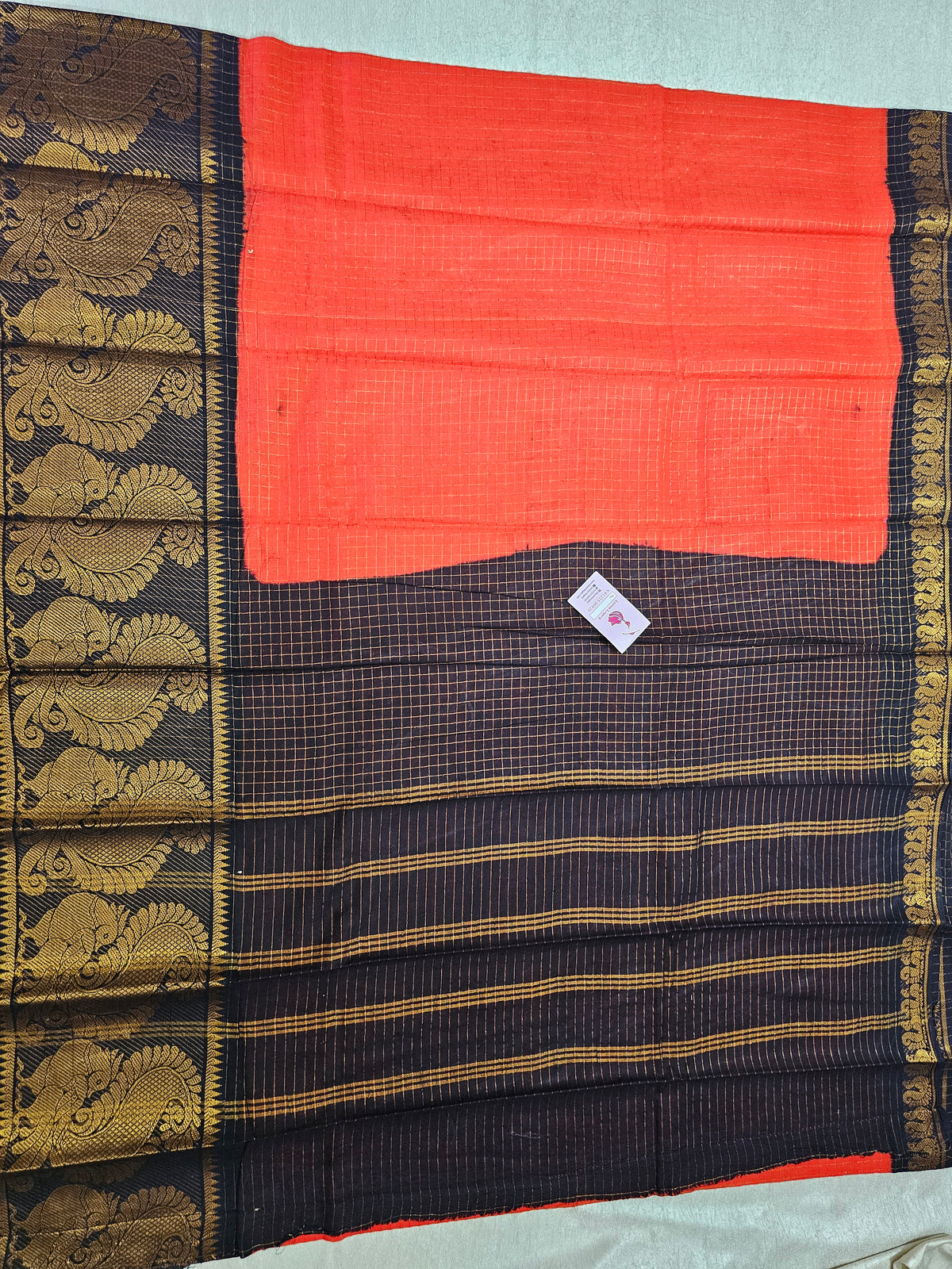 Madurai Sungadi Cotton Small Checks with Big Border Saree - Reddish Orange with Black