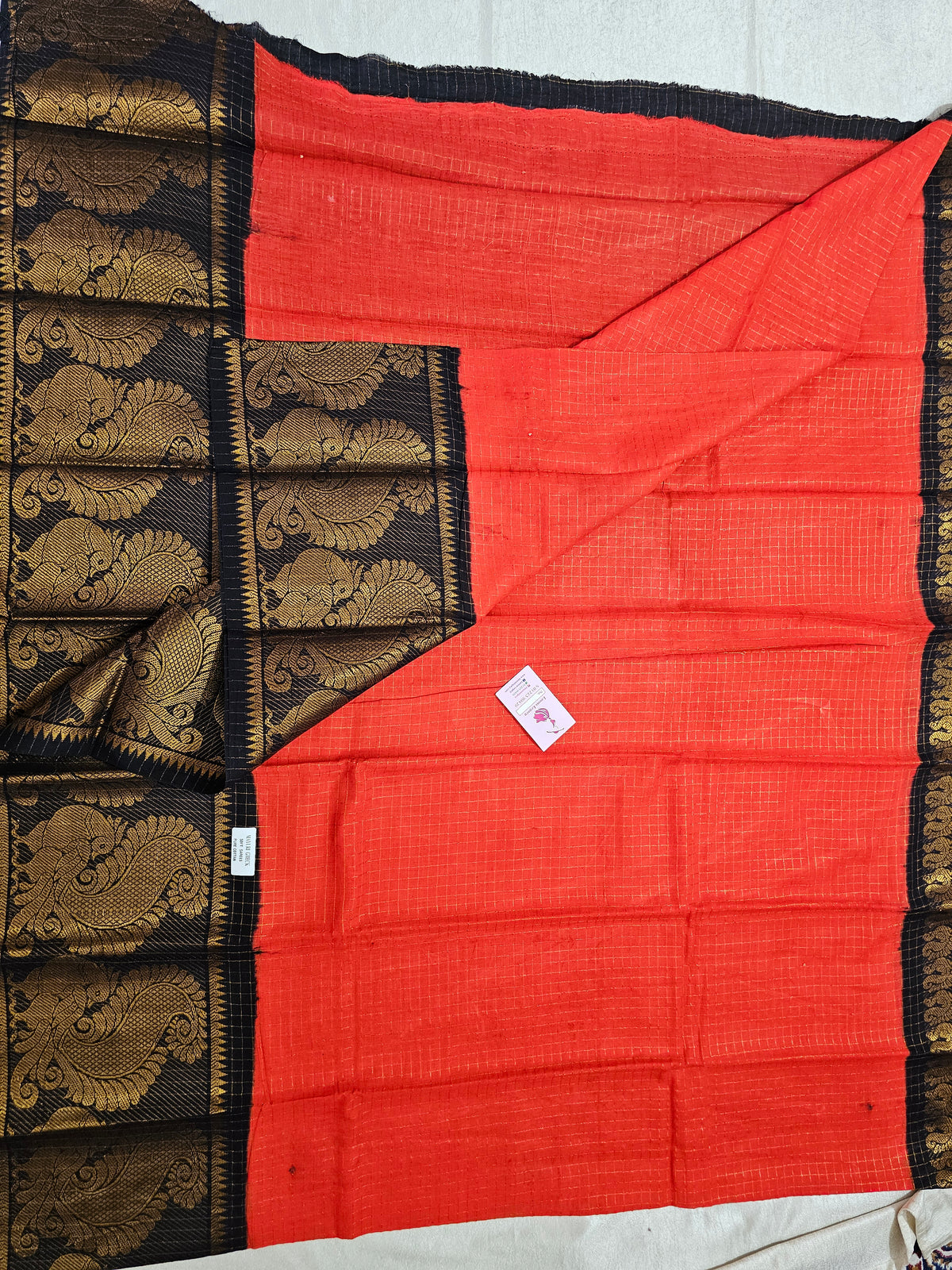 Madurai Sungadi Cotton Small Checks with Big Border Saree - Reddish Orange with Black