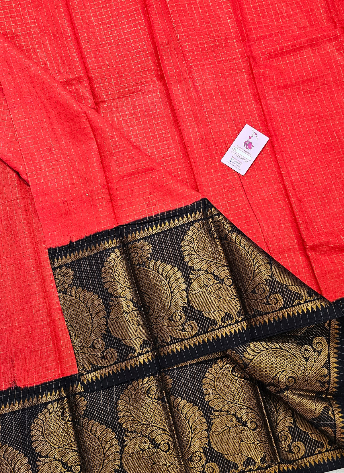 Madurai Sungadi Cotton Small Checks with Big Border Saree - Reddish Orange with Black