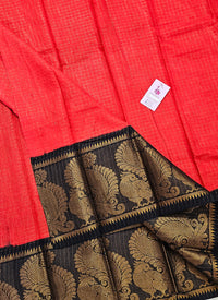 Madurai Sungadi Cotton Small Checks with Big Border Saree - Reddish Orange with Black