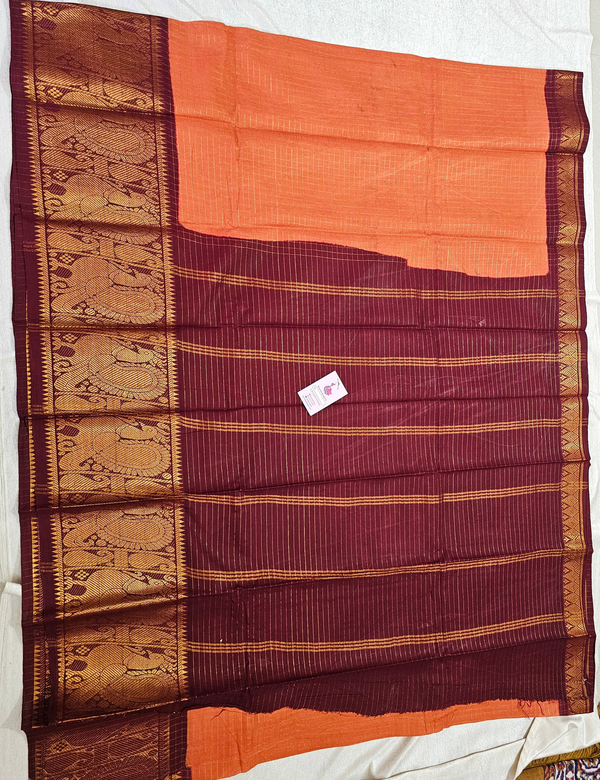 Madurai Sungadi Cotton Small Checks with Big Border Saree - Rust Orange with Maroon