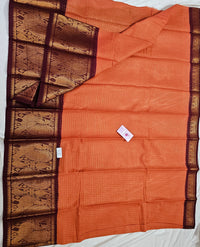 Madurai Sungadi Cotton Small Checks with Big Border Saree - Rust Orange with Maroon