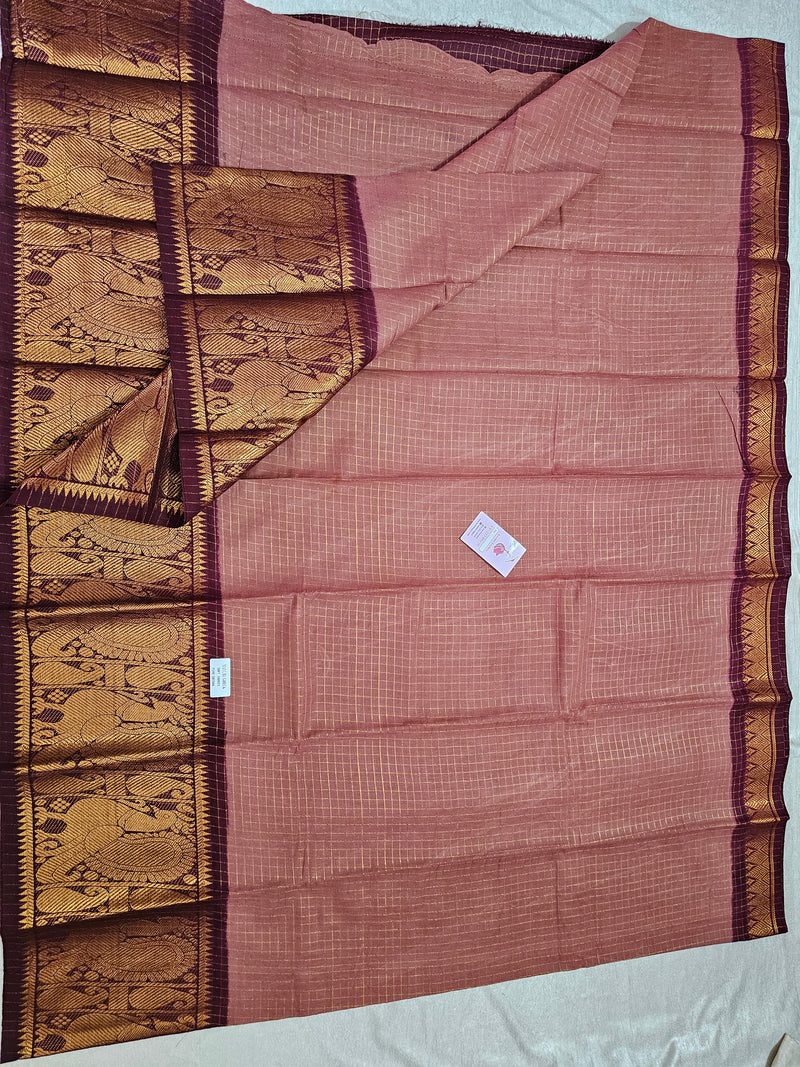 Madurai Sungadi Cotton Small Checks with Big Border Saree - Brown with Maroon