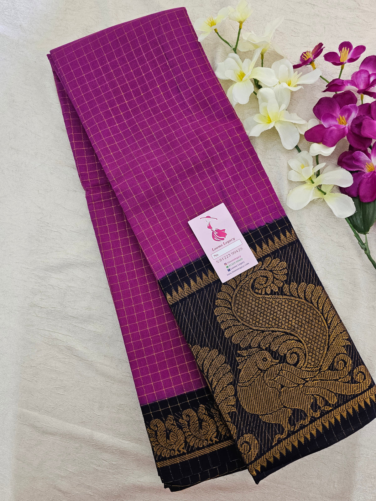 Madurai Sungadi Cotton Small Checks with Big Border Saree - Purple with Blue