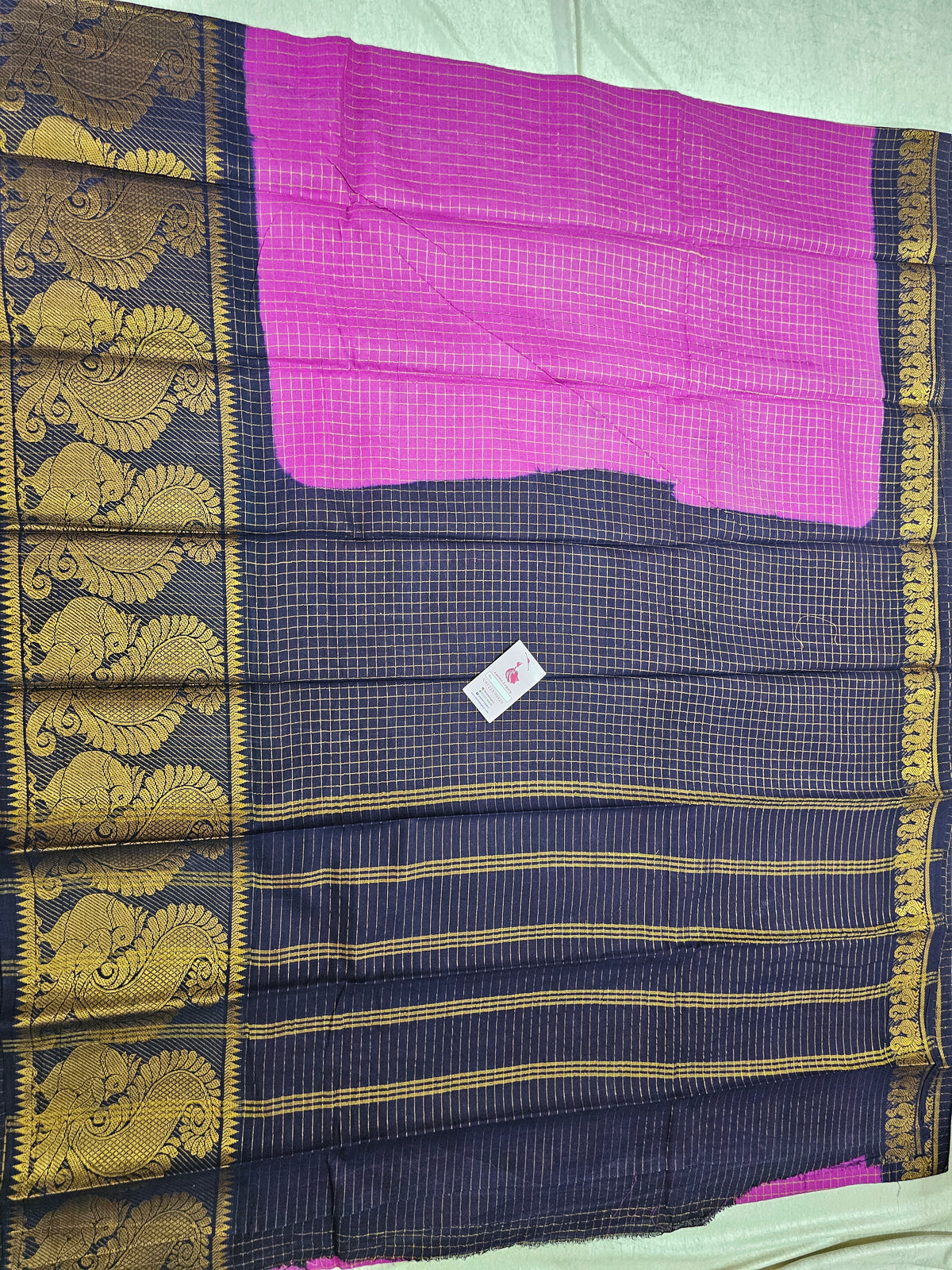 Madurai Sungadi Cotton Small Checks with Big Border Saree - Purple with Blue