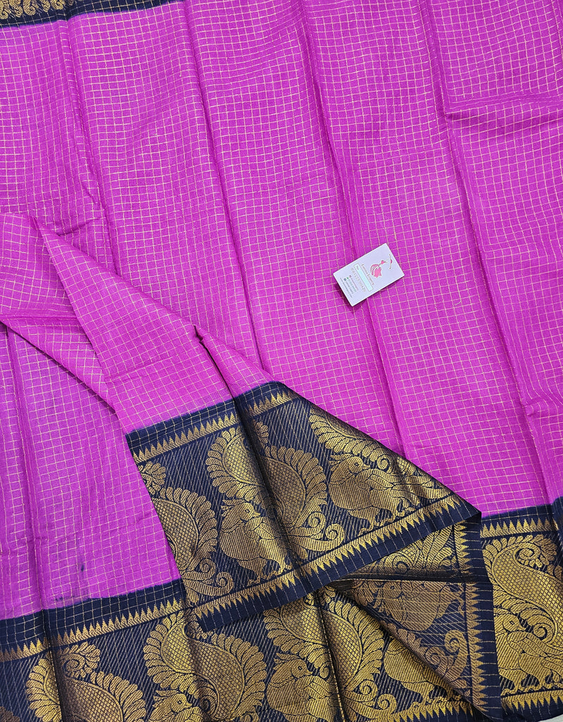 Madurai Sungadi Cotton Small Checks with Big Border Saree - Purple with Blue