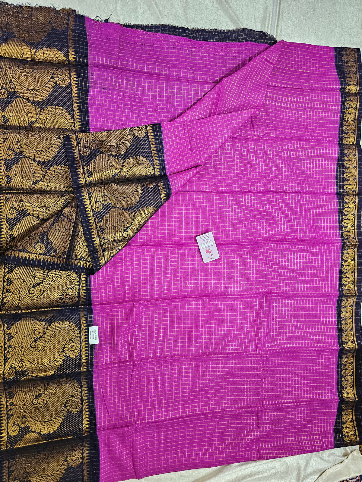 Madurai Sungadi Cotton Small Checks with Big Border Saree - Purple with Blue