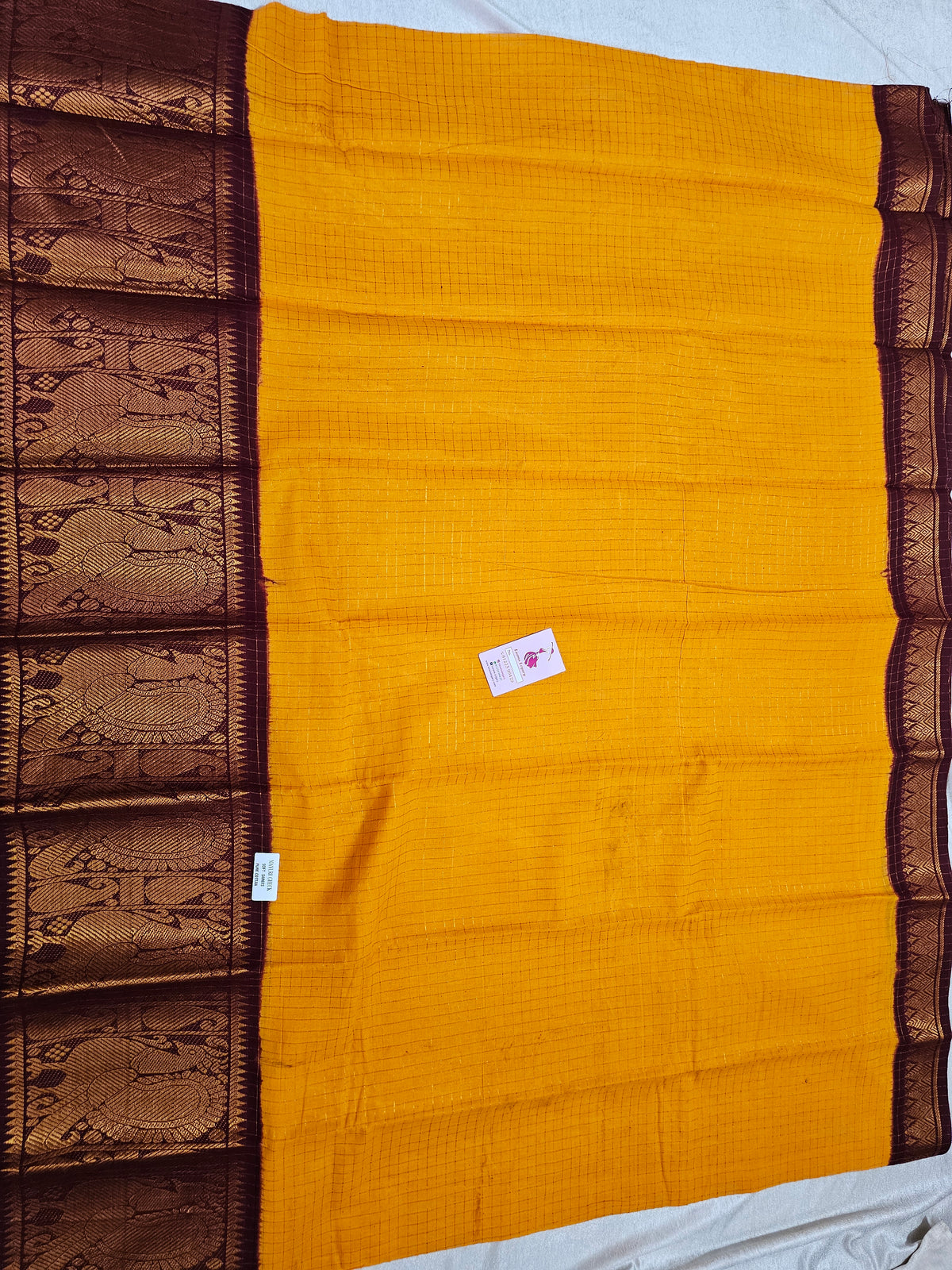 Madurai Sungadi Cotton Small Checks with Big Border Saree - Yellow with Maroon