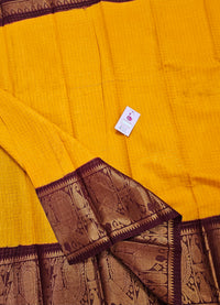 Madurai Sungadi Cotton Small Checks with Big Border Saree - Yellow with Maroon