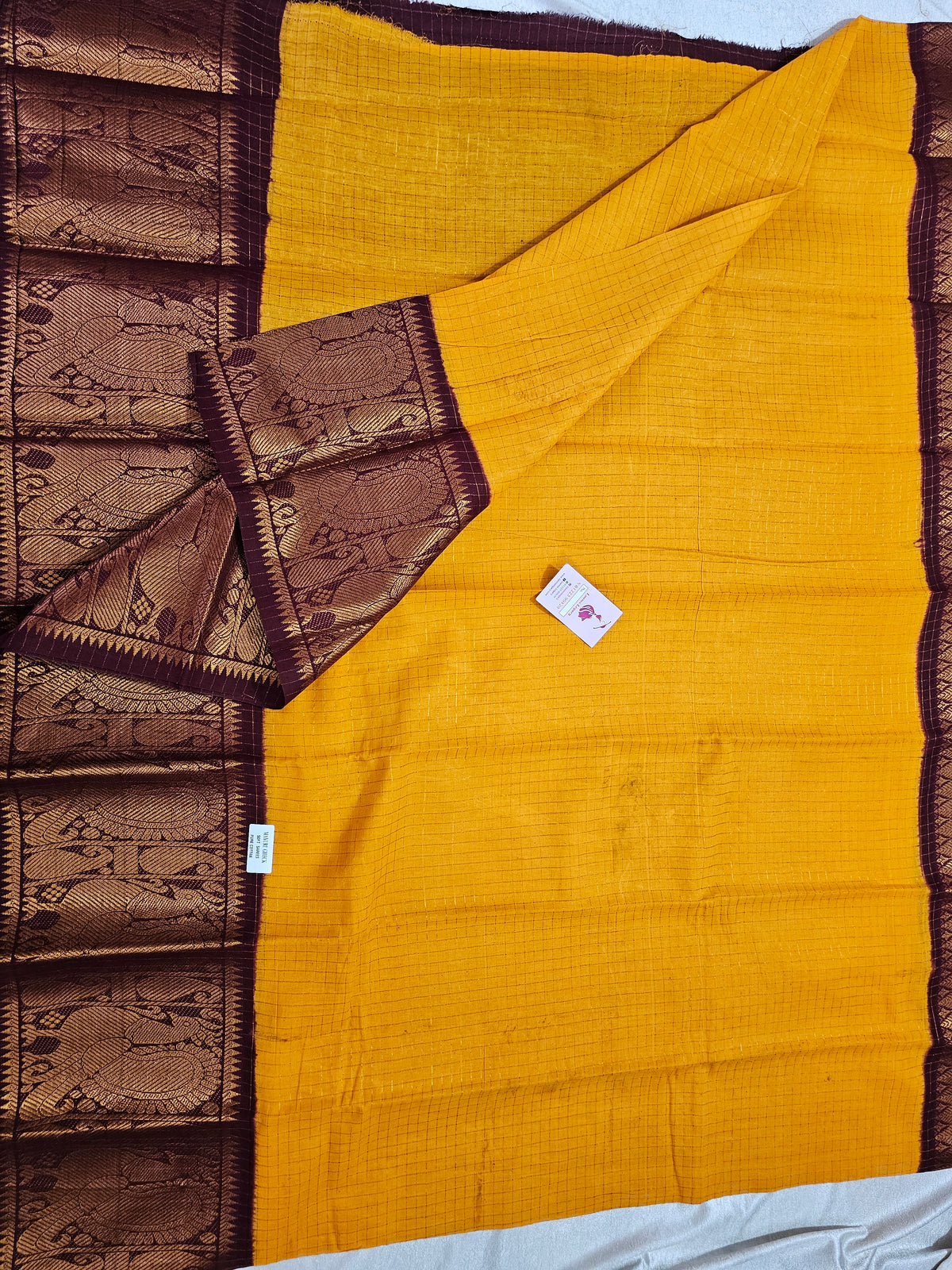 Madurai Sungadi Cotton Small Checks with Big Border Saree - Yellow with Maroon