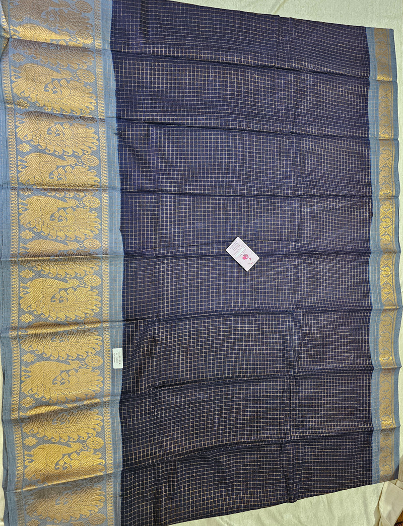 Madurai Sungadi Cotton Small Checks with Big Border Saree - Blue with Grey