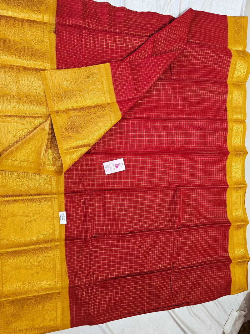 Madurai Sungadi Cotton Small Checks with Big Border Saree - Maroon with Mustard Yellow