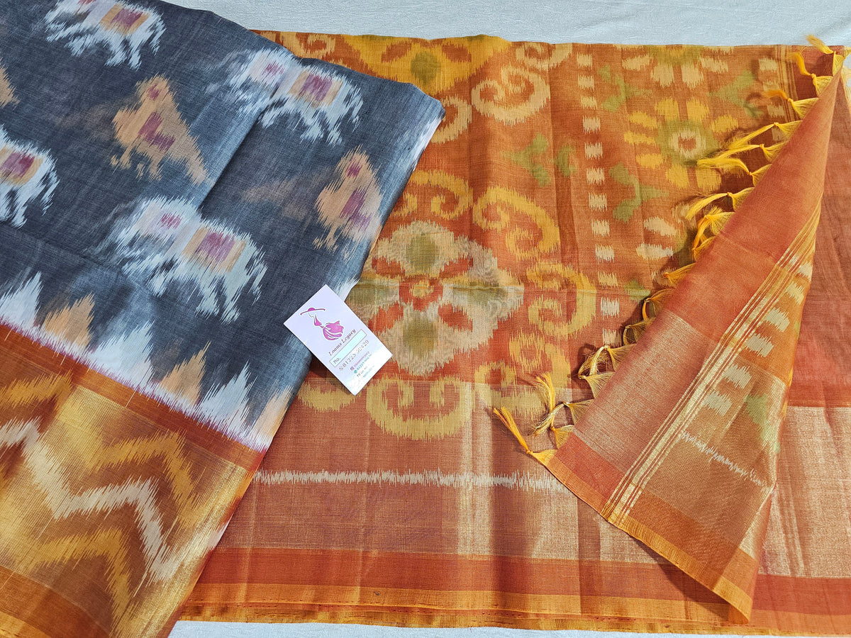 Grey with Mustard Yellow Pochampally Ikkat Silk Cotton (SICO Pattu)