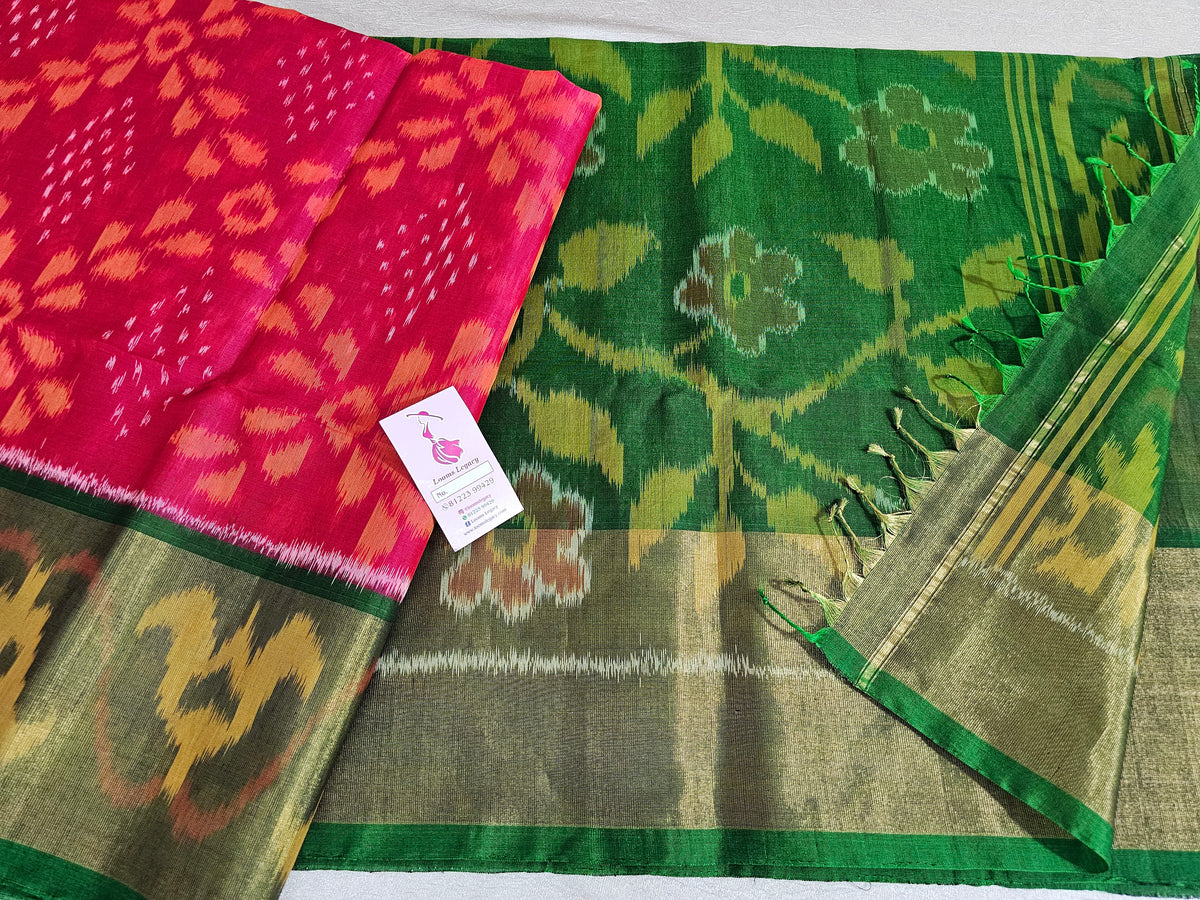 Dark Peachish Pink with Green Pochampally Ikkat Silk Cotton (SICO Pattu)