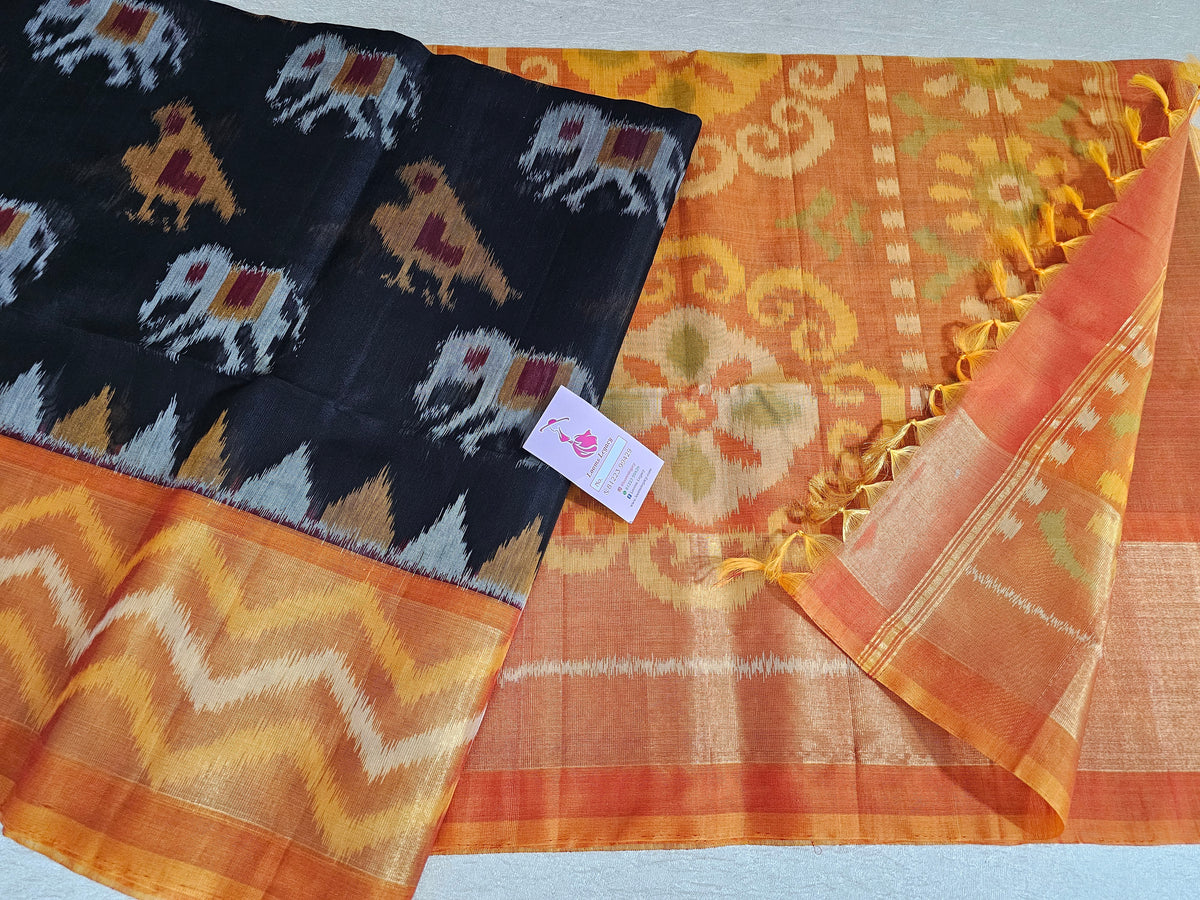 Black with Mustard Yellow Pochampally Ikkat Silk Cotton (SICO Pattu)