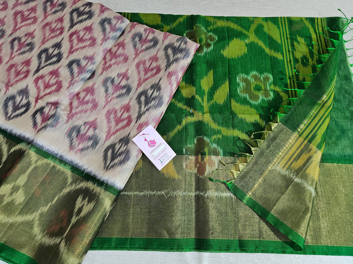 Off-white with Green Pochampally Ikkat Silk Cotton (SICO Pattu)