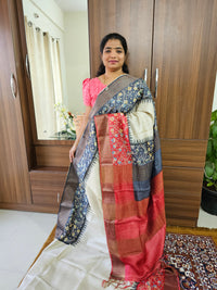 Cream with Black and Red Handwoven Tussar Silk Saree with Zari Border