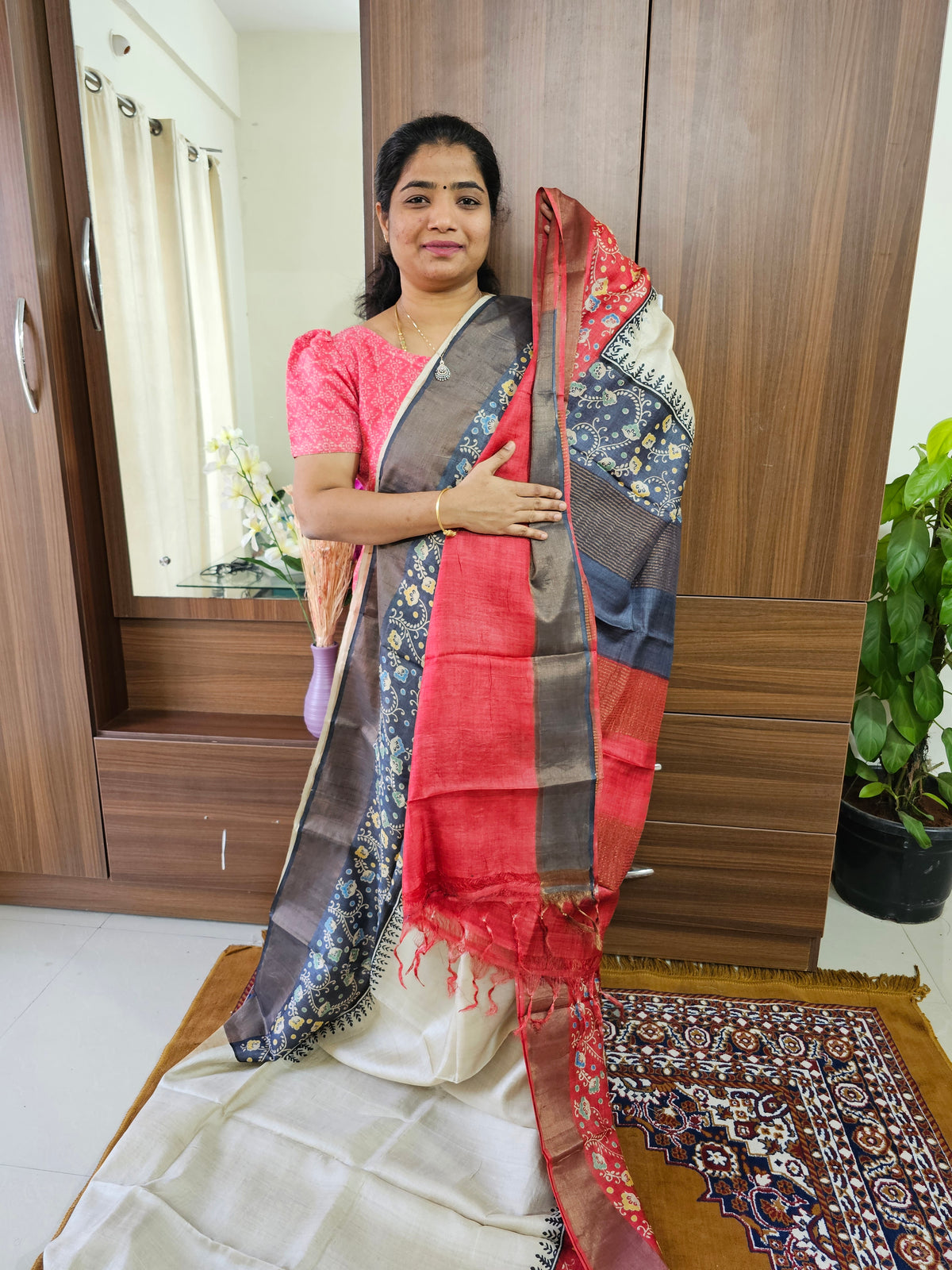 Cream with Black and Red Handwoven Tussar Silk Saree with Zari Border