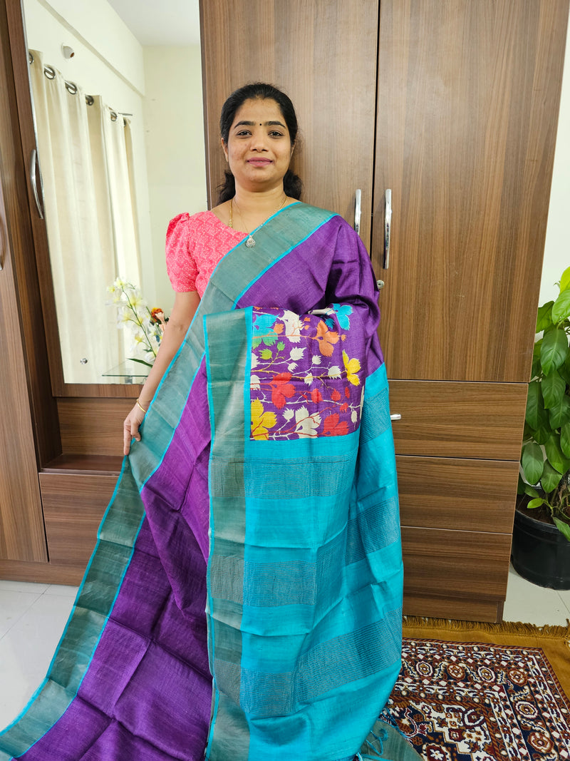 Purple with Blue Handwoven Tussar Silk Saree with Zari Border